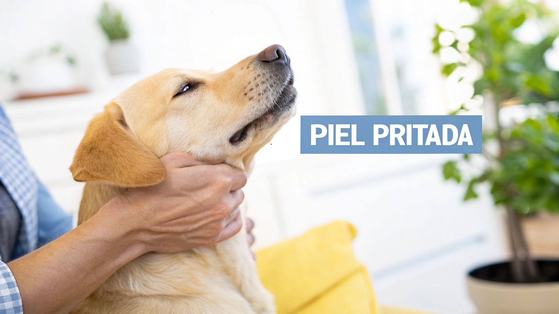 Primer plano de manos acariciando suavemente el cuello de un perro de pelaje claro, con el texto 'PIEL PRITADA'.