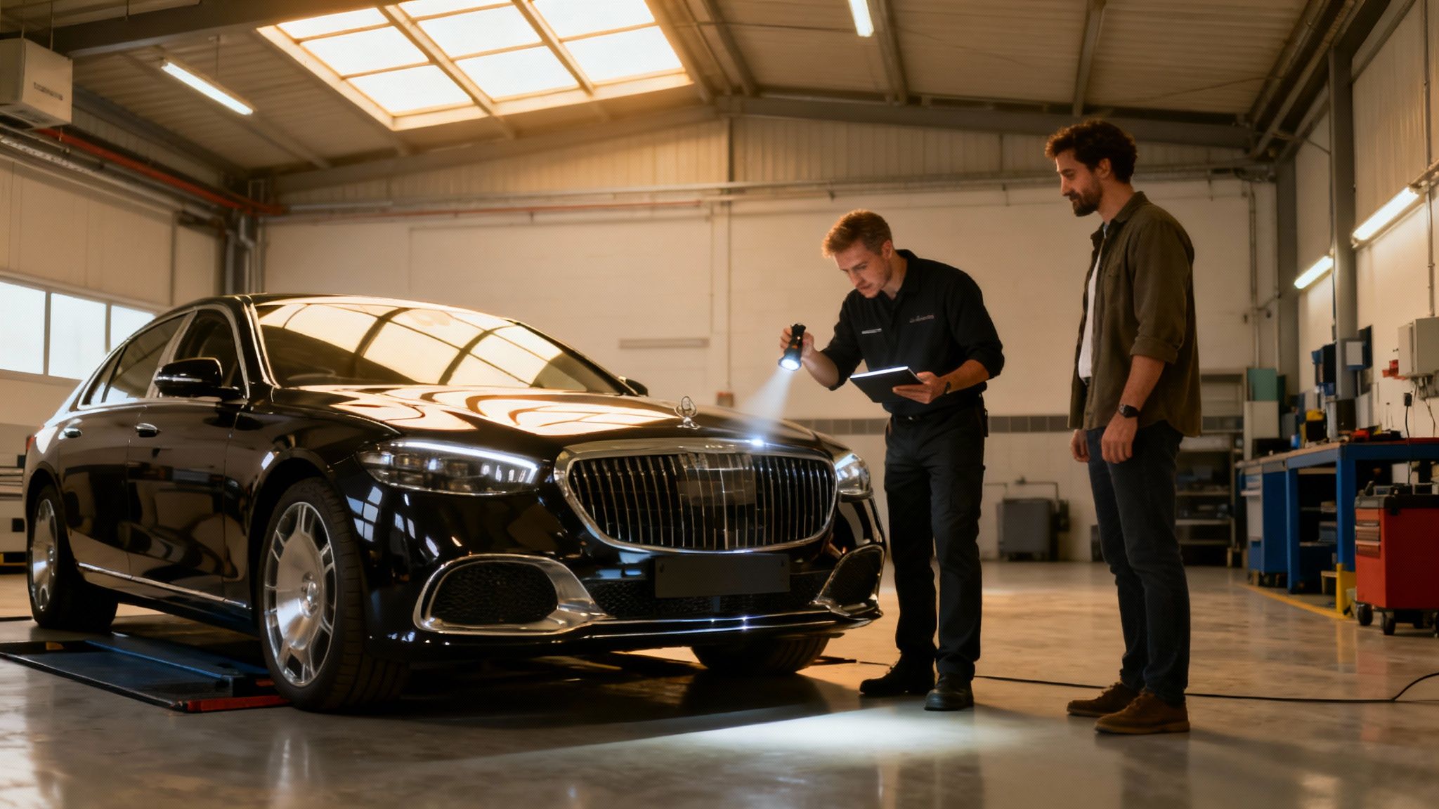 Dos hombres inspeccionan un coche Maybach negro en un taller. Un técnico usa una linterna y tableta, el otro observa.