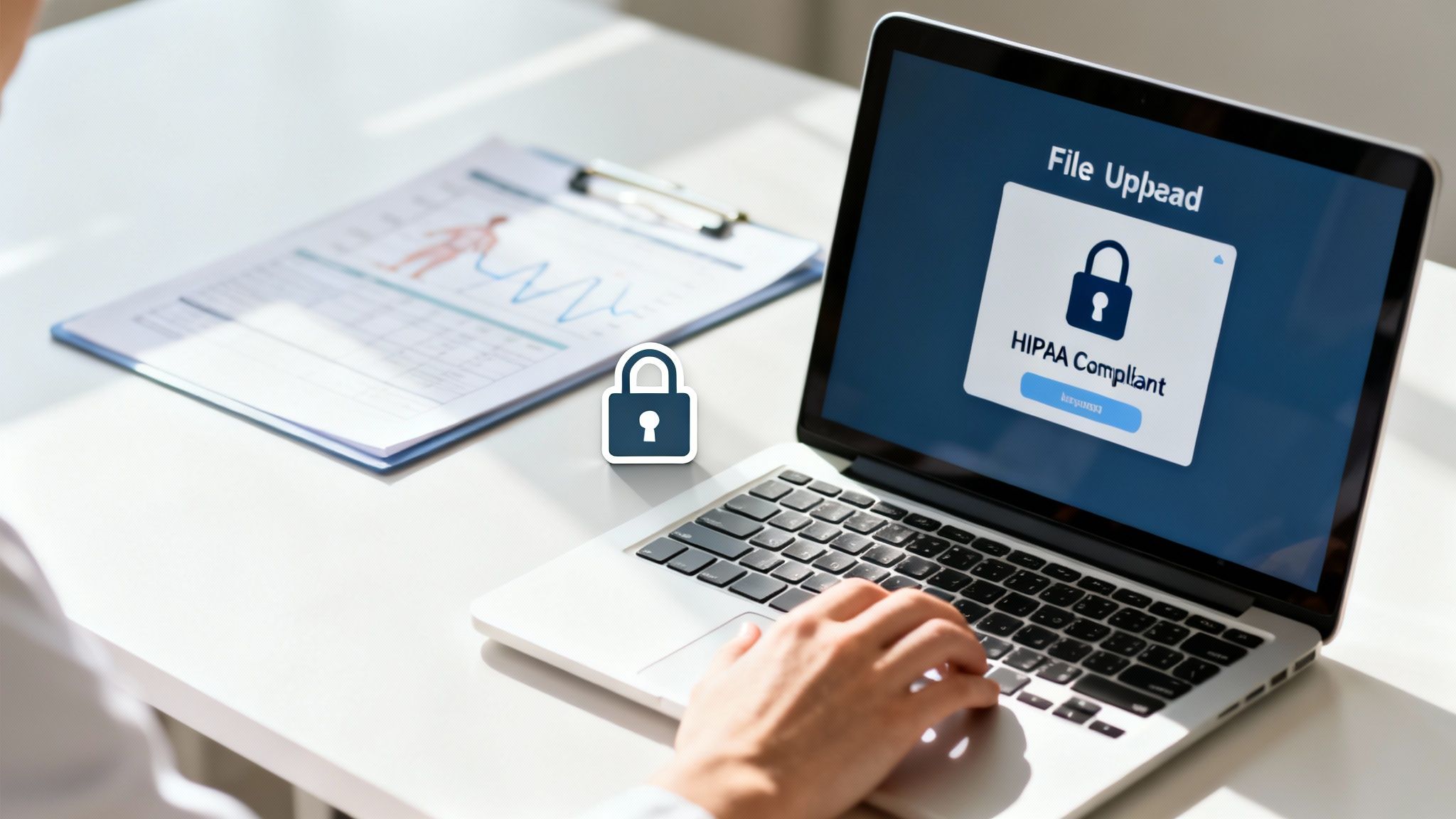 A person securely uploading HIPAA compliant medical records on a laptop, emphasizing data privacy.