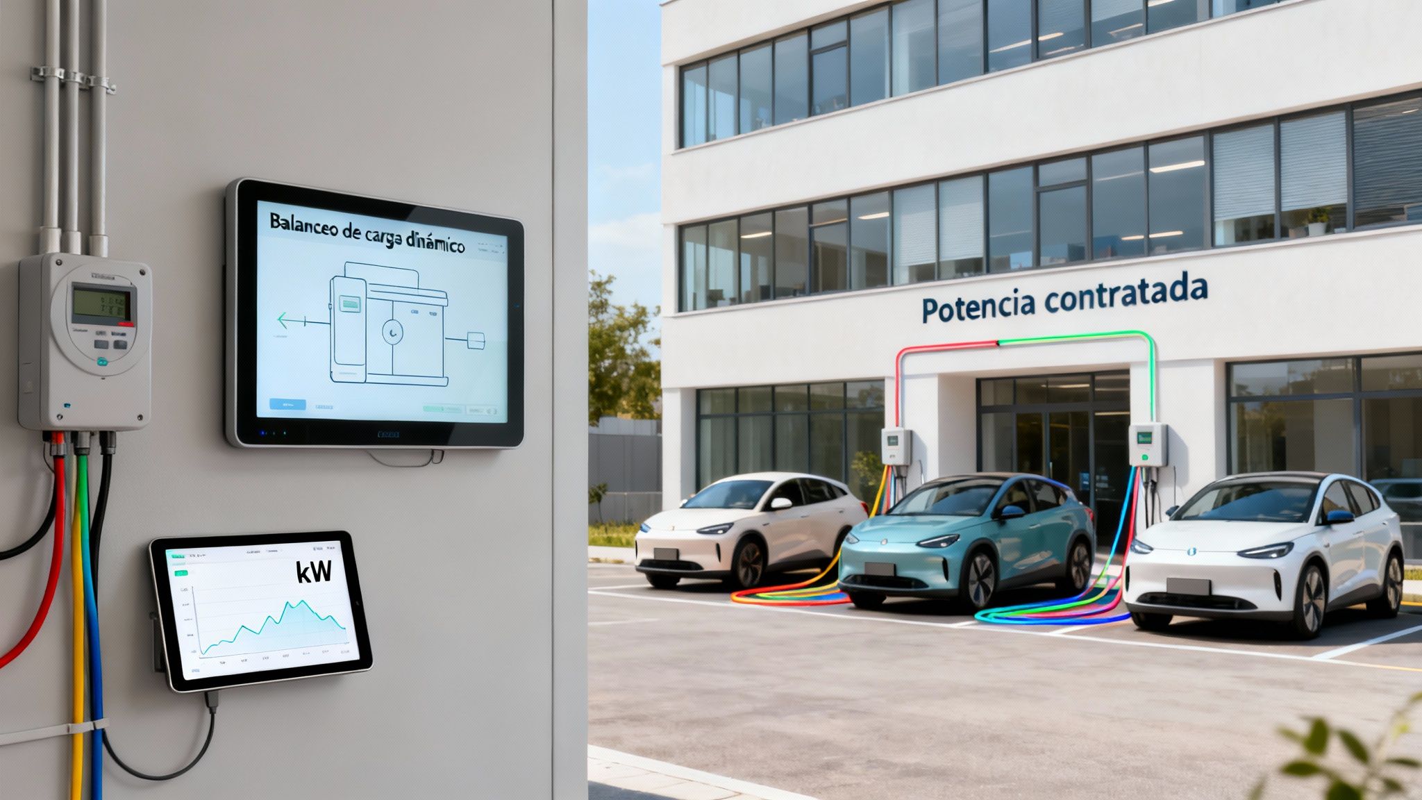 Sistema inteligente de carga para vehículos eléctricos con balanceo dinámico y monitorización de potencia en un edificio moderno.