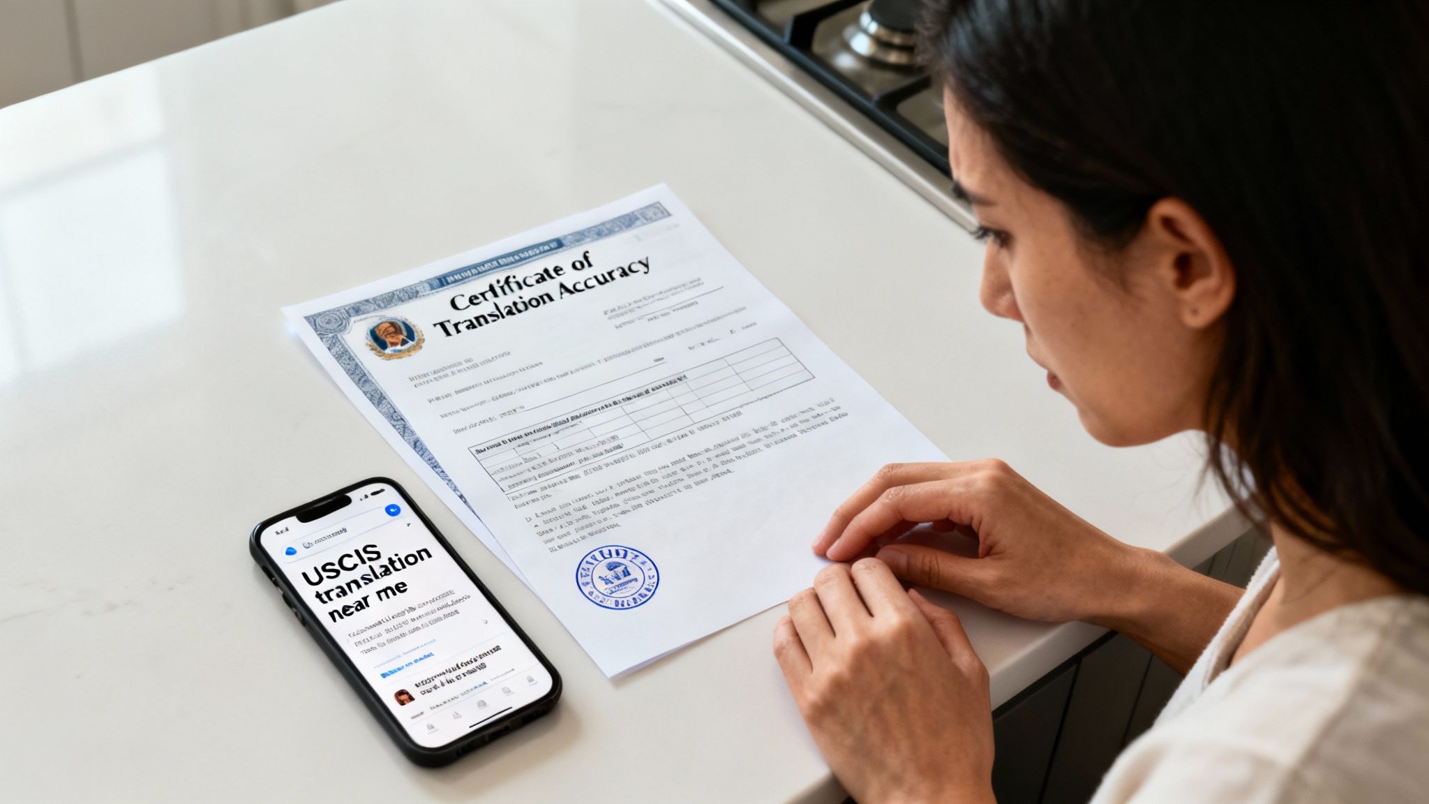 A woman reviews a Certificate of Translation Accuracy document while searching for USCIS translation services on her phone.