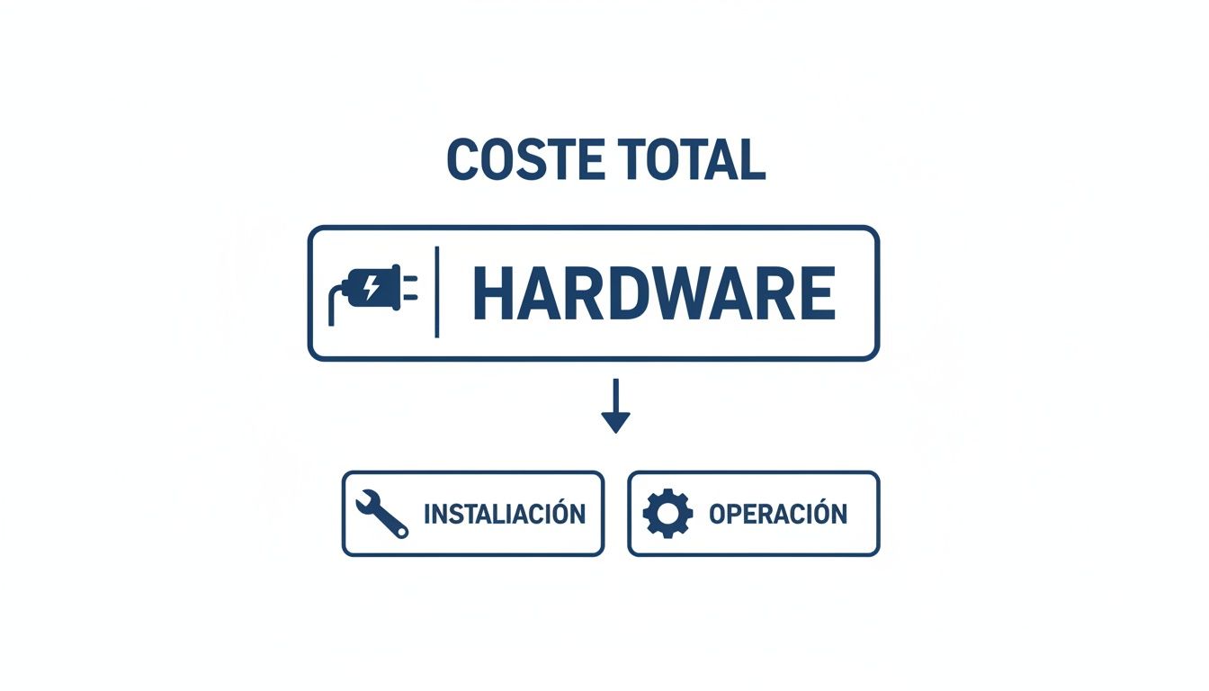Diagrama que desglosa el coste total, mostrando hardware, instalación y operación con sus iconos.