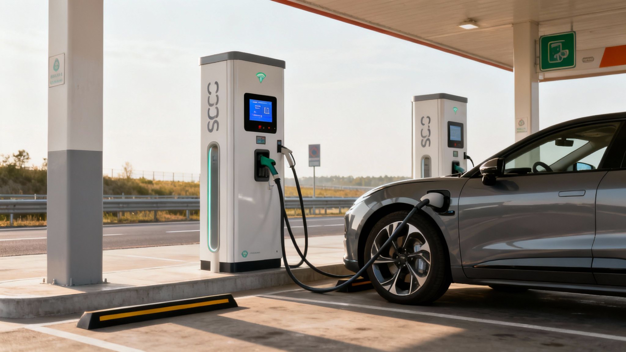 Un coche eléctrico gris se carga en una estación de carga rápida SCCC bajo un cielo soleado.