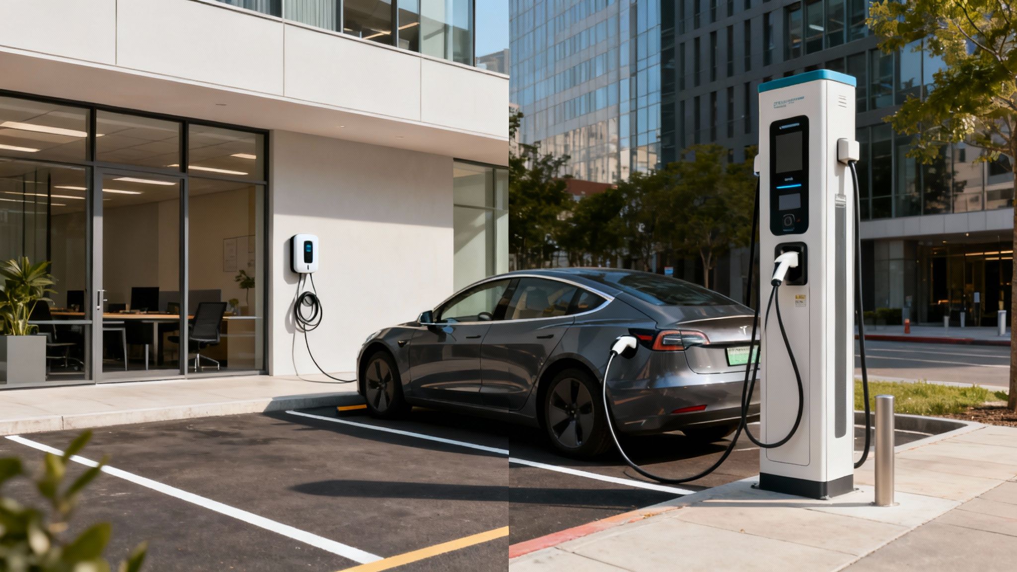 Un Tesla Model 3 gris cargando en dos estaciones, una de pared y otra de pedestal, frente a un edificio moderno.