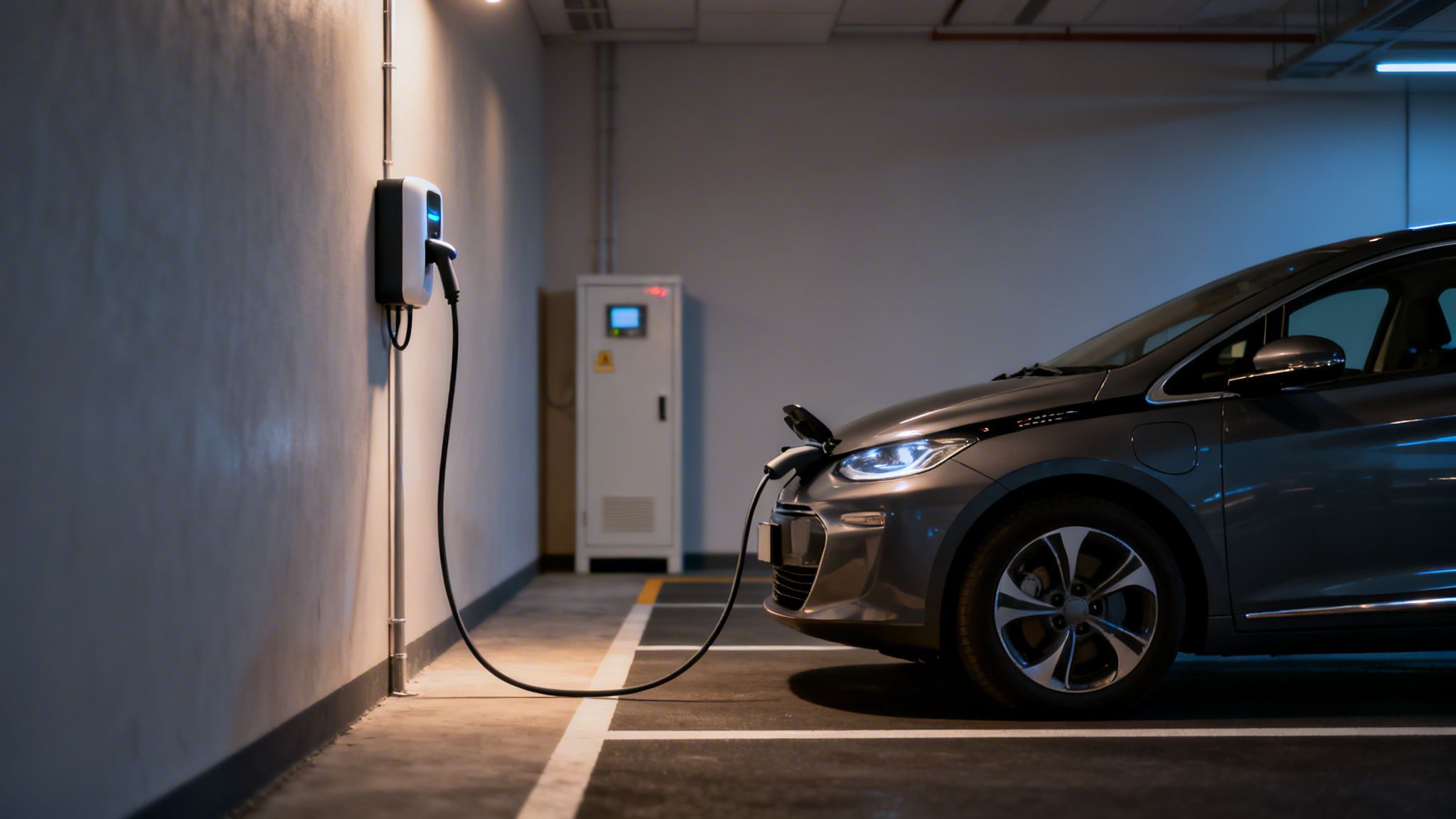 Vehículo eléctrico gris oscuro cargando en un punto de carga montado en la pared de un estacionamiento.