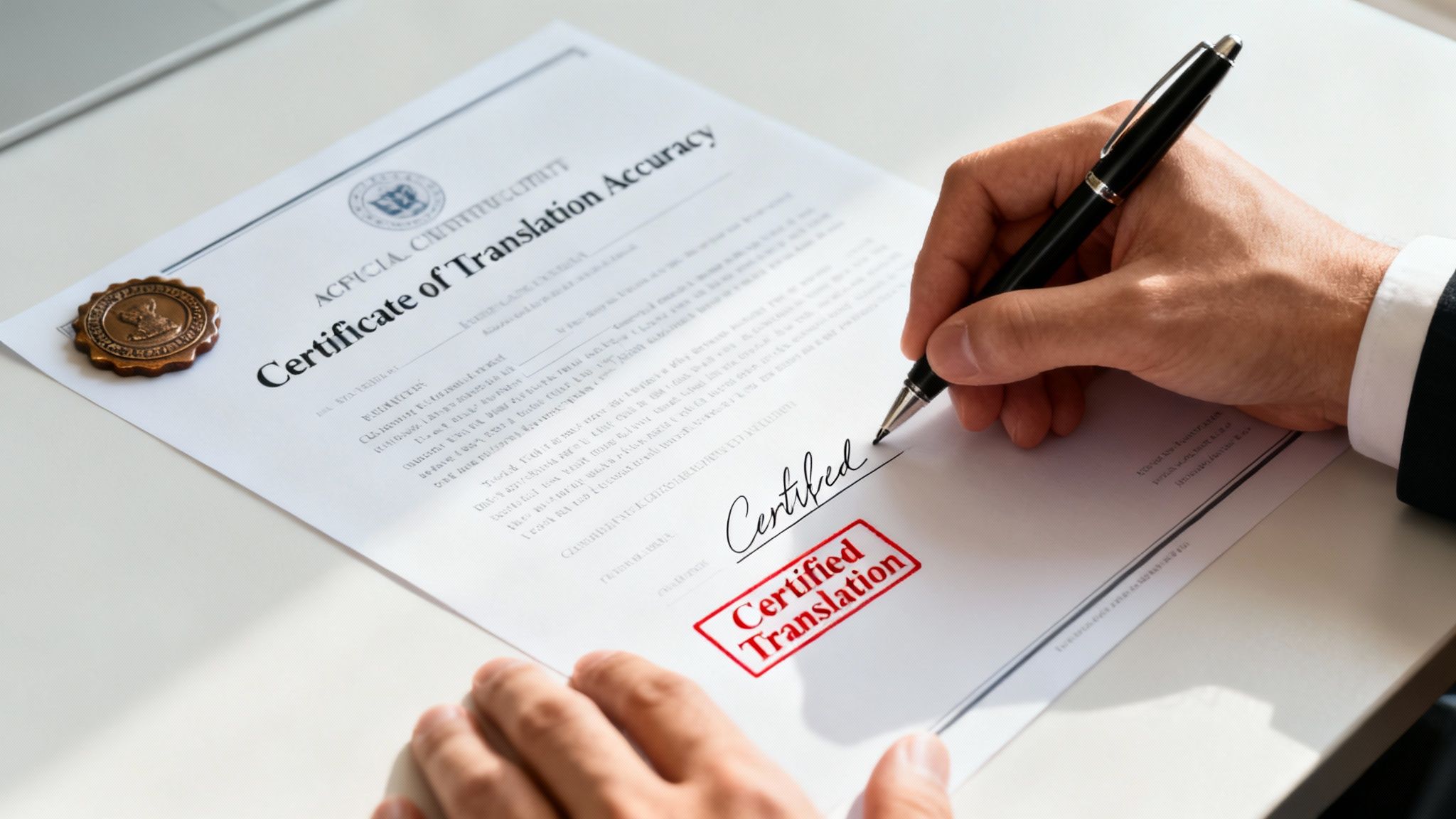 A hand signs a 'Certificate of Translation Accuracy' document with a 'Certified Translation' stamp.