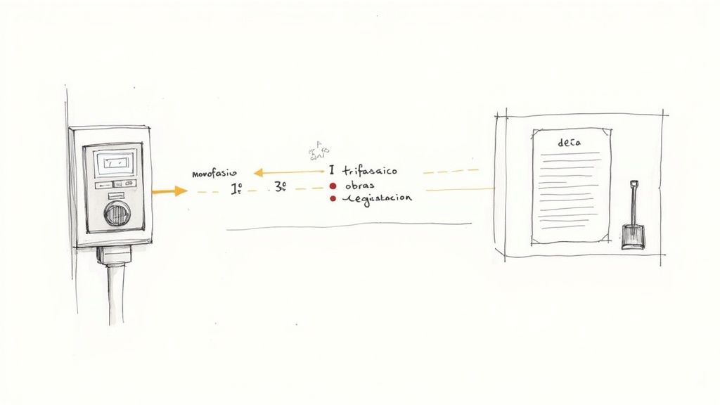 Diagrama que ilustra la transición de un sistema monofásico a trifásico, mostrando un medidor y documentación legal.