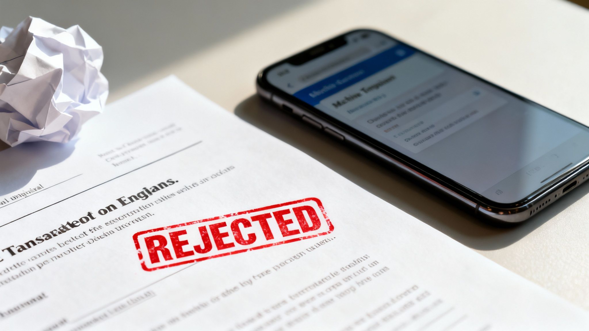 A crumpled paper, a document stamped 'REJECTED', and a smartphone on a desk, symbolizing work rejections.