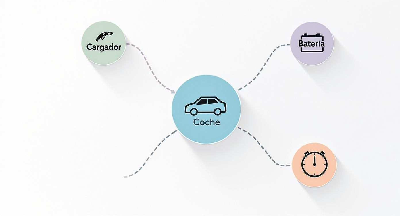 Diagrama que ilustra el proceso de carga de un coche eléctrico, conectando el cargador, la batería y el tiempo.