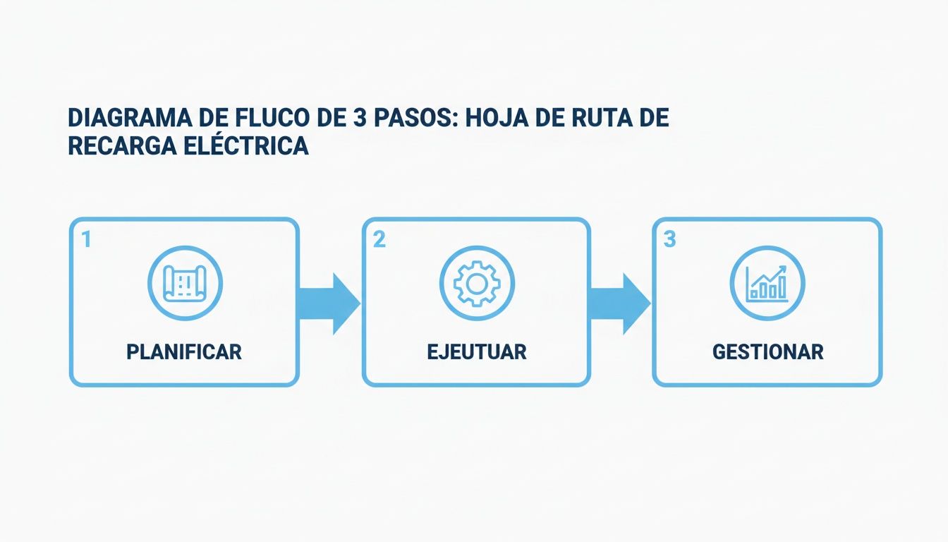 Diagrama de flujo de 3 pasos que ilustra la hoja de ruta para la recarga eléctrica: planificar, ejecutar y gestionar.