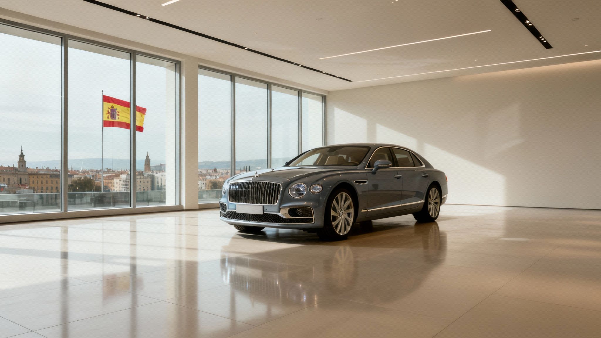 Un lujoso Bentley Flying Spur gris en un moderno concesionario con grandes ventanales y vistas a una ciudad española.