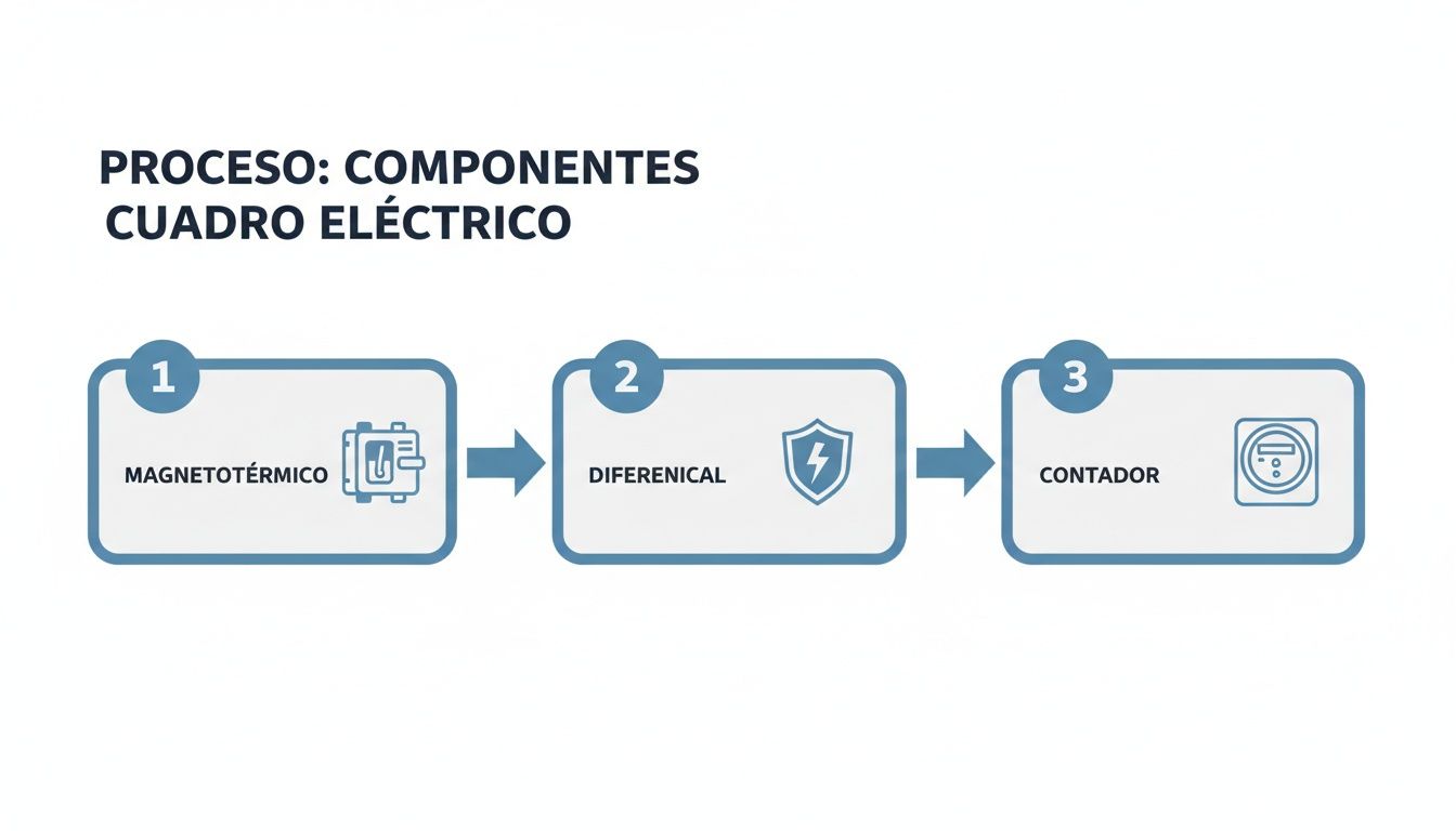 Proceso: componentes de un cuadro eléctrico, incluyendo magnetotérmico, diferencial y contador.