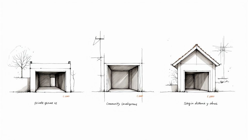 Tres bocetos de garajes mostrando opciones para la instalación de cargadores de coches eléctricos, con precios.