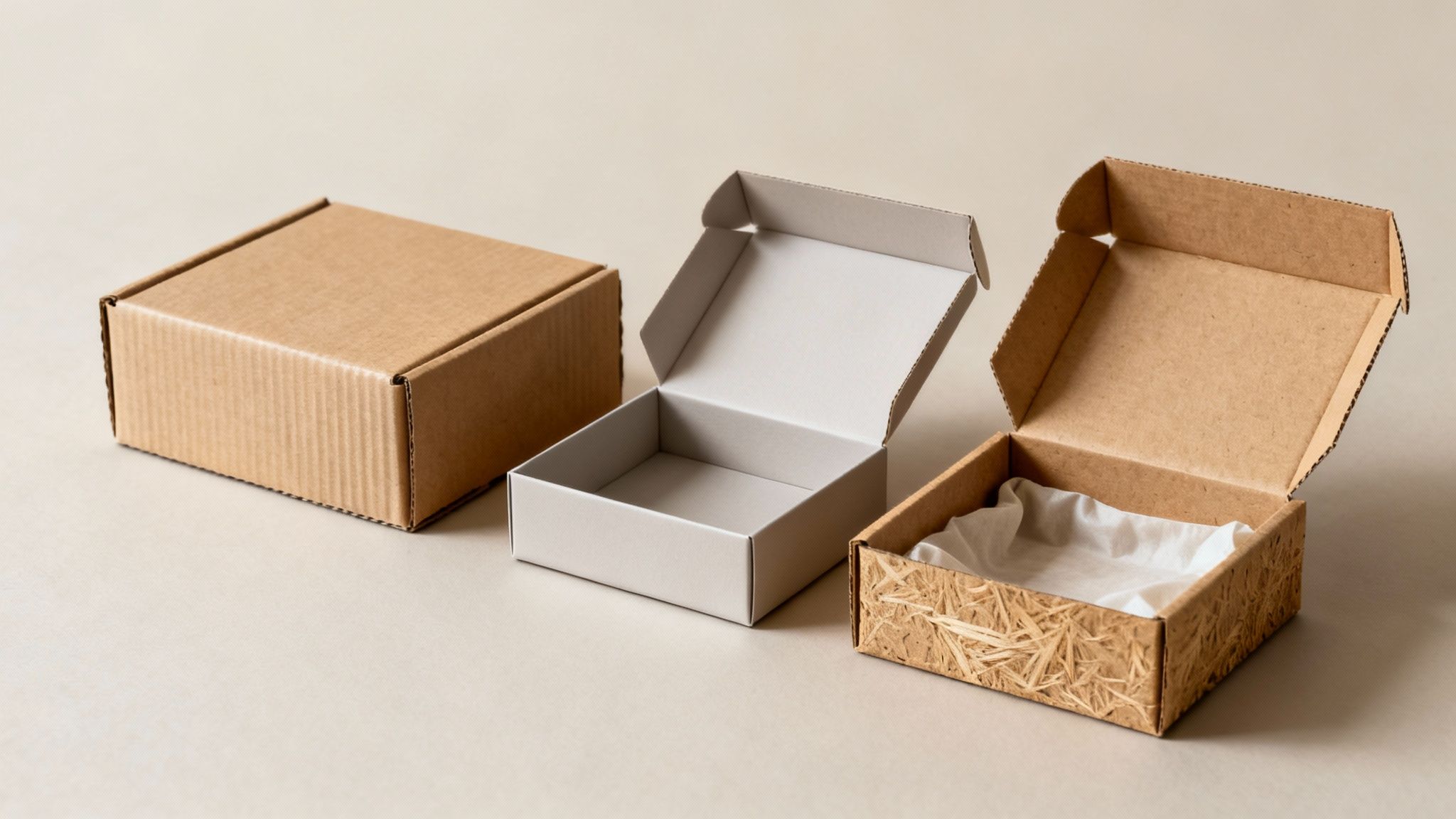 Tres cajas de regalo de cartón en diferentes estados: una cerrada, una abierta gris y otra con paja.