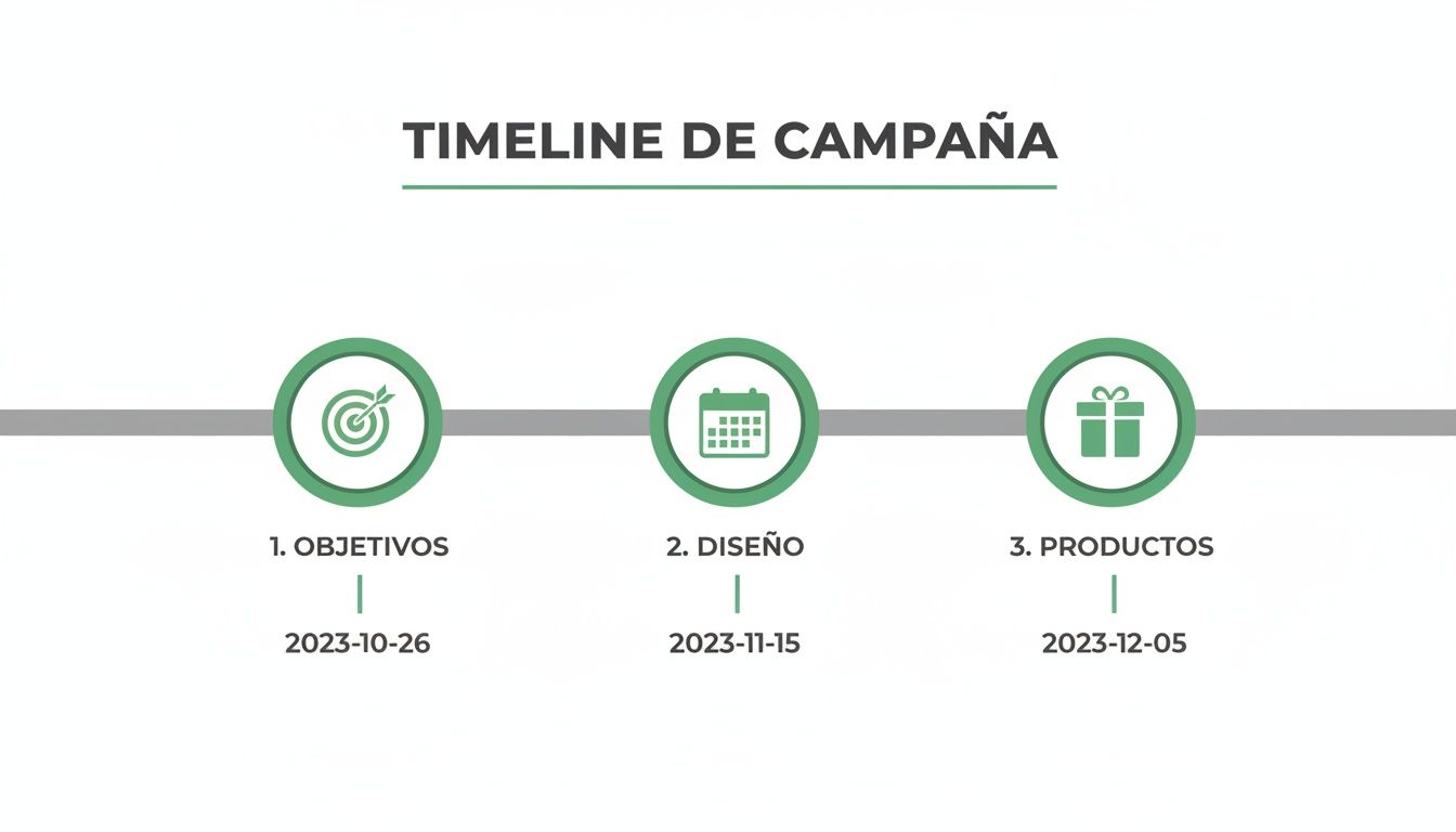 Línea de tiempo de campaña de marketing detallando objetivos, diseño y lanzamiento de productos con fechas clave.