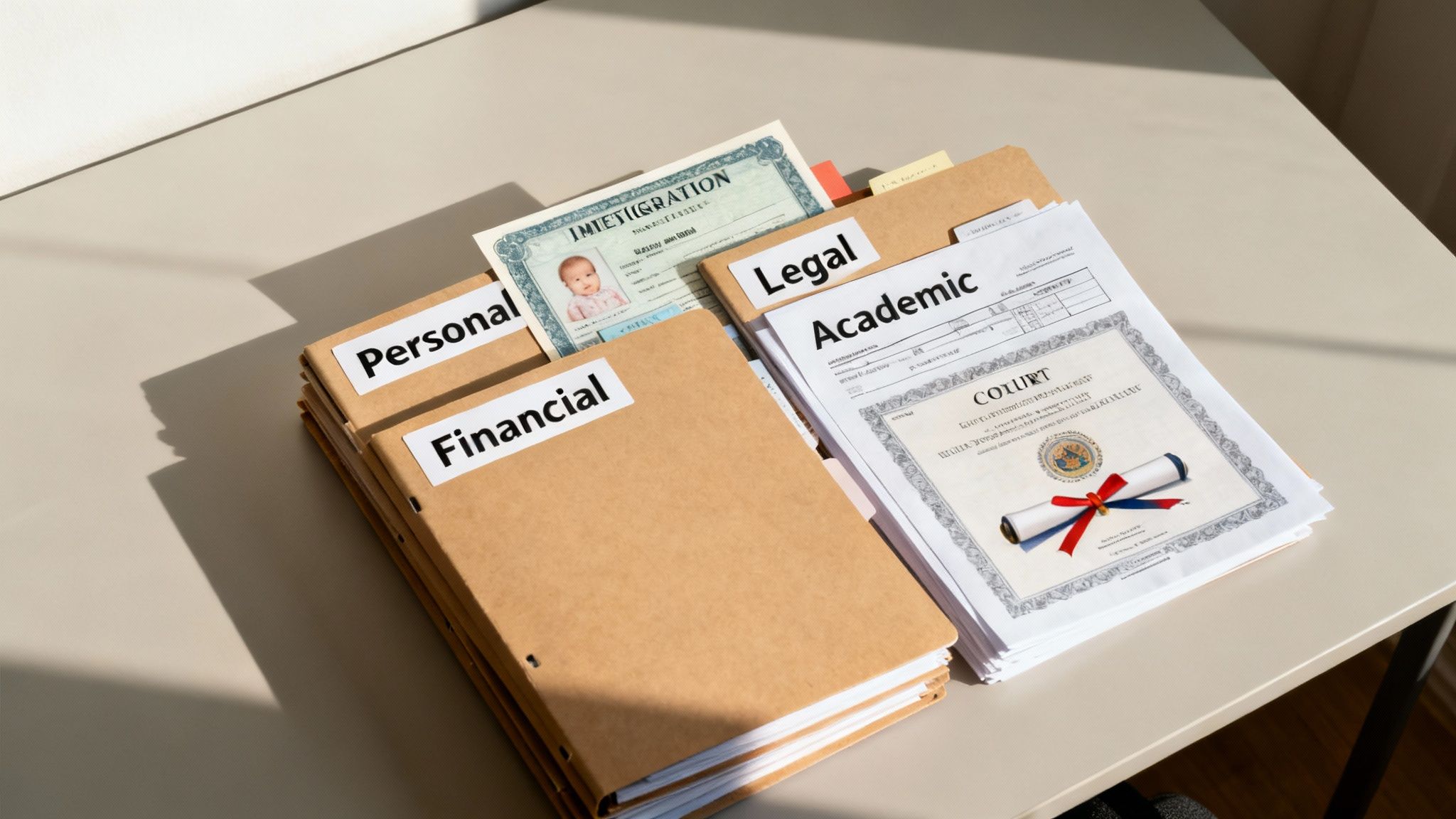 Folders labeled Personal, Financial, Legal, Academic with immigration and court documents on a table.