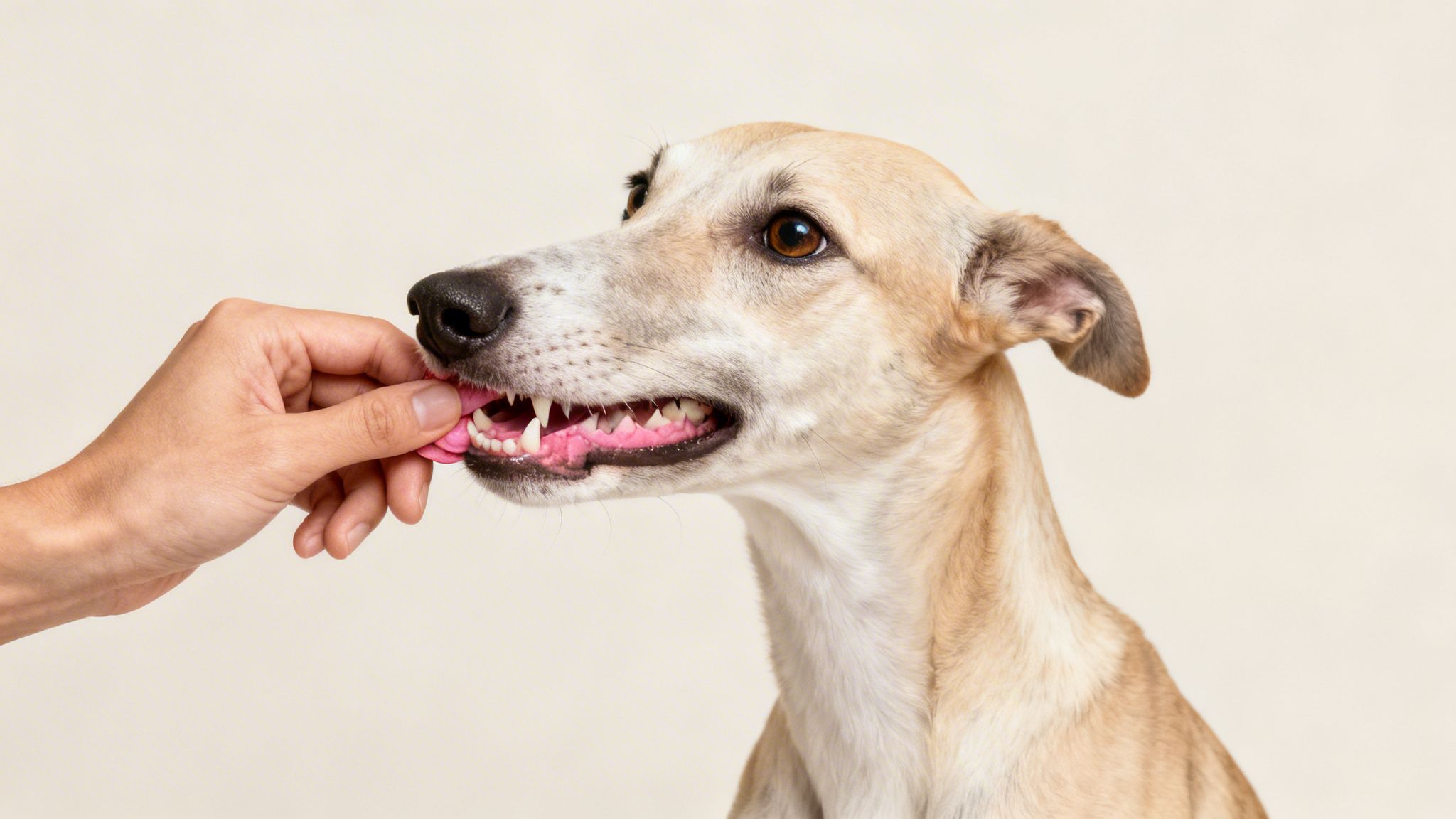 Una mano humana alimenta un dulce a un perro de color crema, mostrando sus dientes y encías rosas.