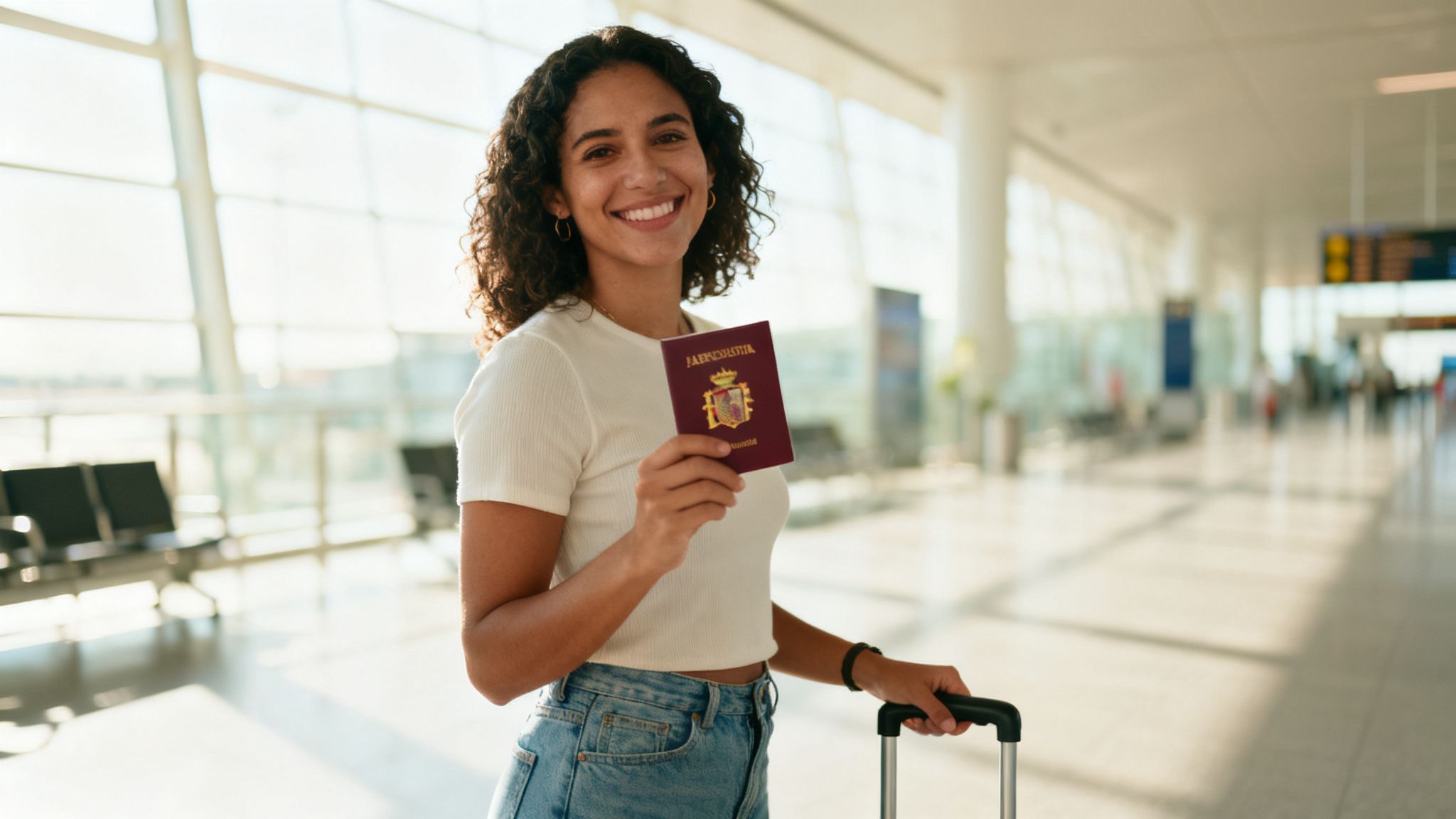 Una mujer feliz con rizos sostiene un pasaporte español en un aeropuerto moderno.