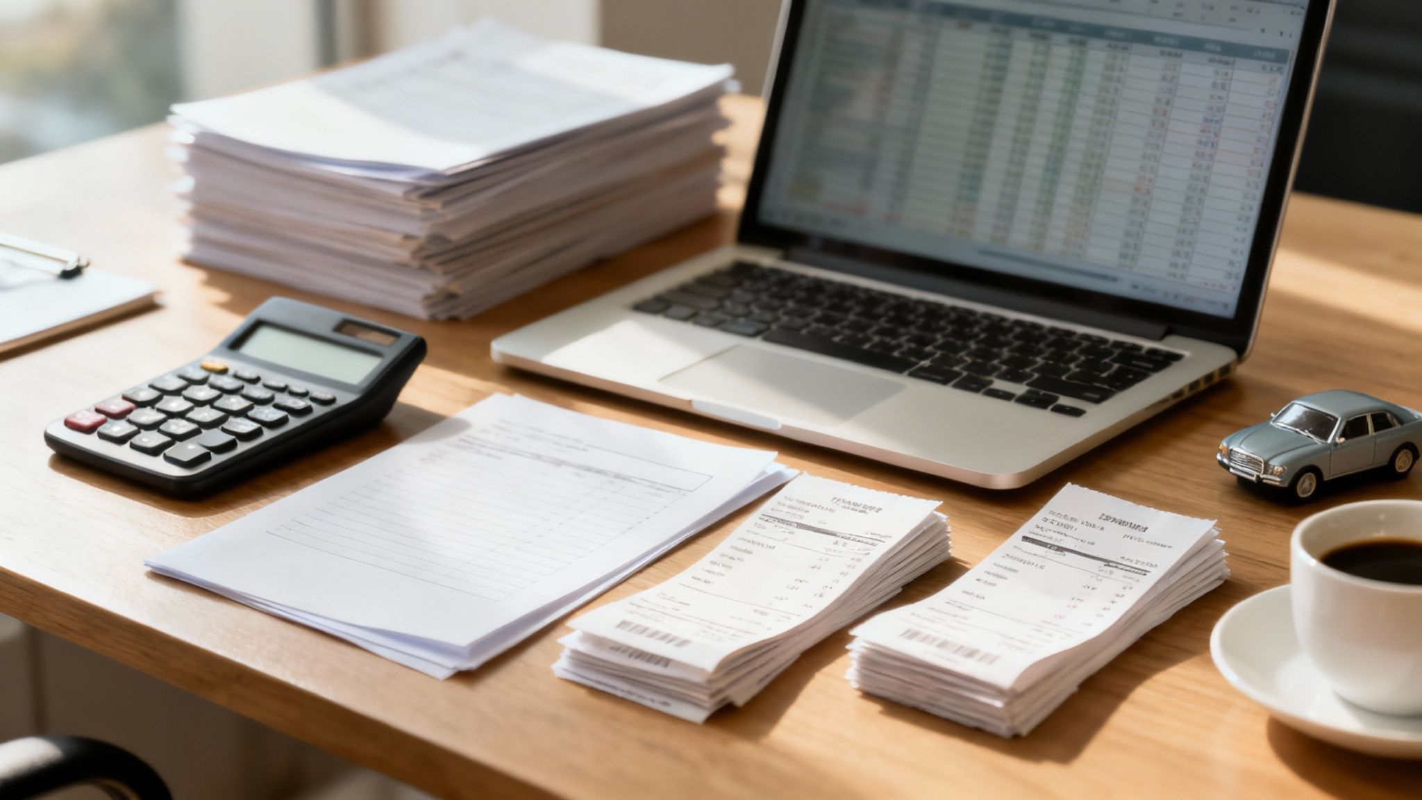 Un escritorio de madera con calculadora, documentos, un portátil mostrando datos financieros, un coche de juguete y café.