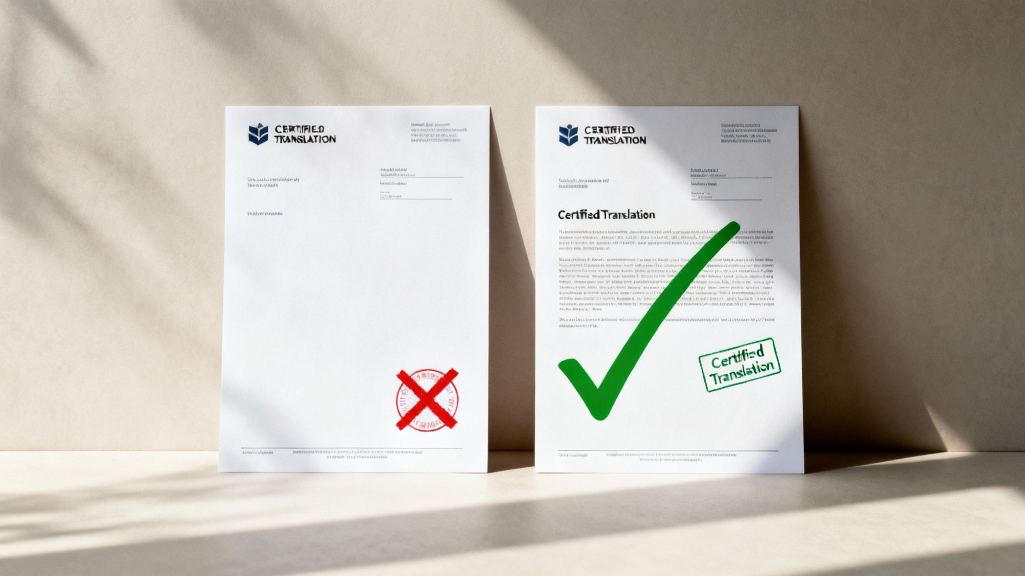 Two certified translation documents, one with a red 'X' stamp and another with a green checkmark, illustrating good vs. bad translation services.