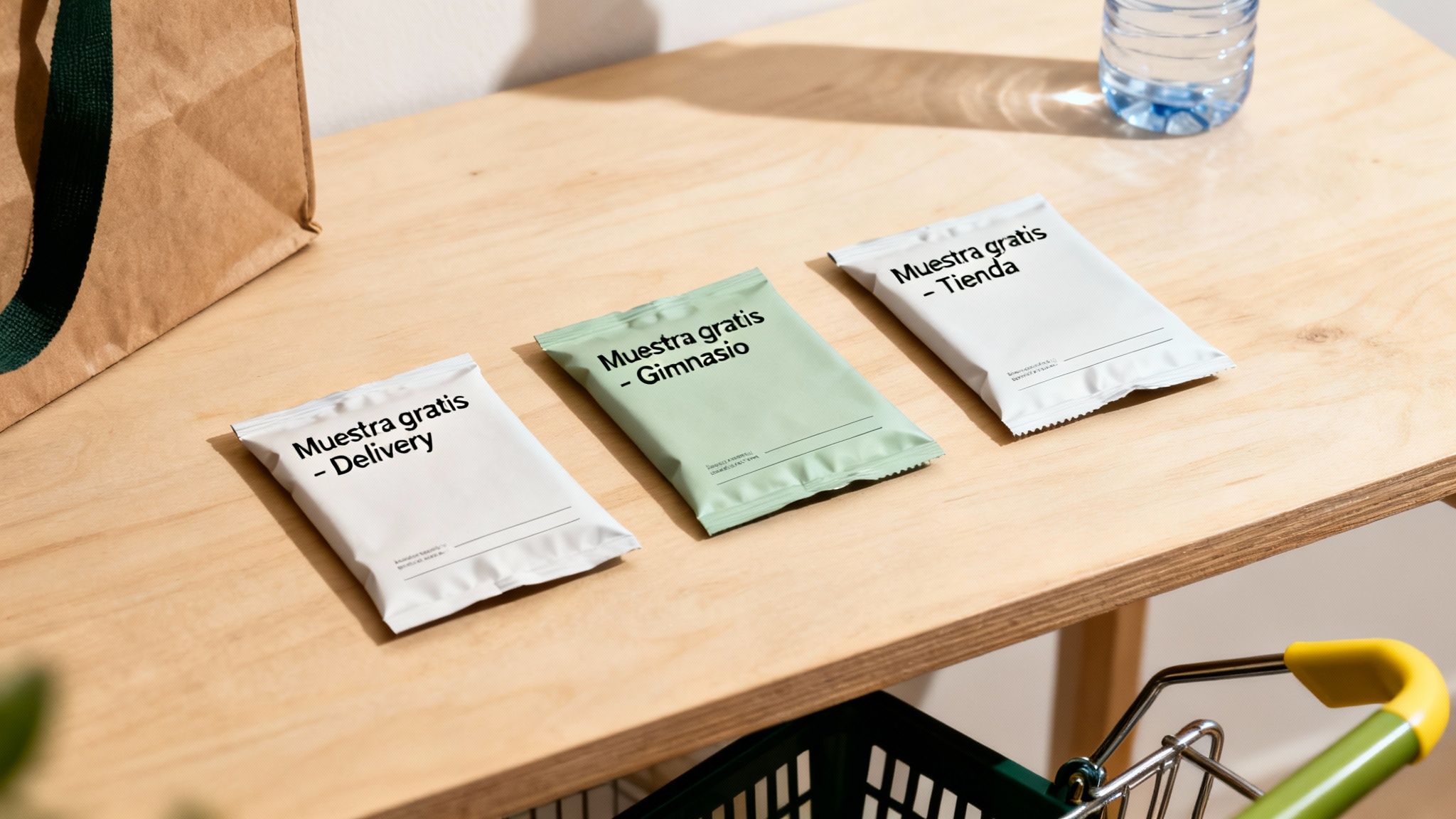 Tres muestras gratis de comida en sobres individuales para delivery, gimnasio y tienda sobre una mesa de madera.