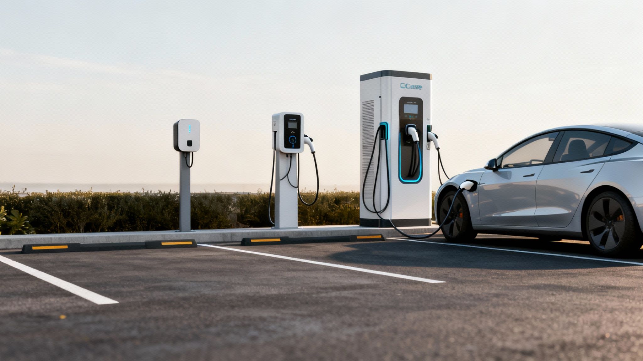 Coche eléctrico plateado cargando en una estación de carga exterior con múltiples cargadores y un cielo claro.