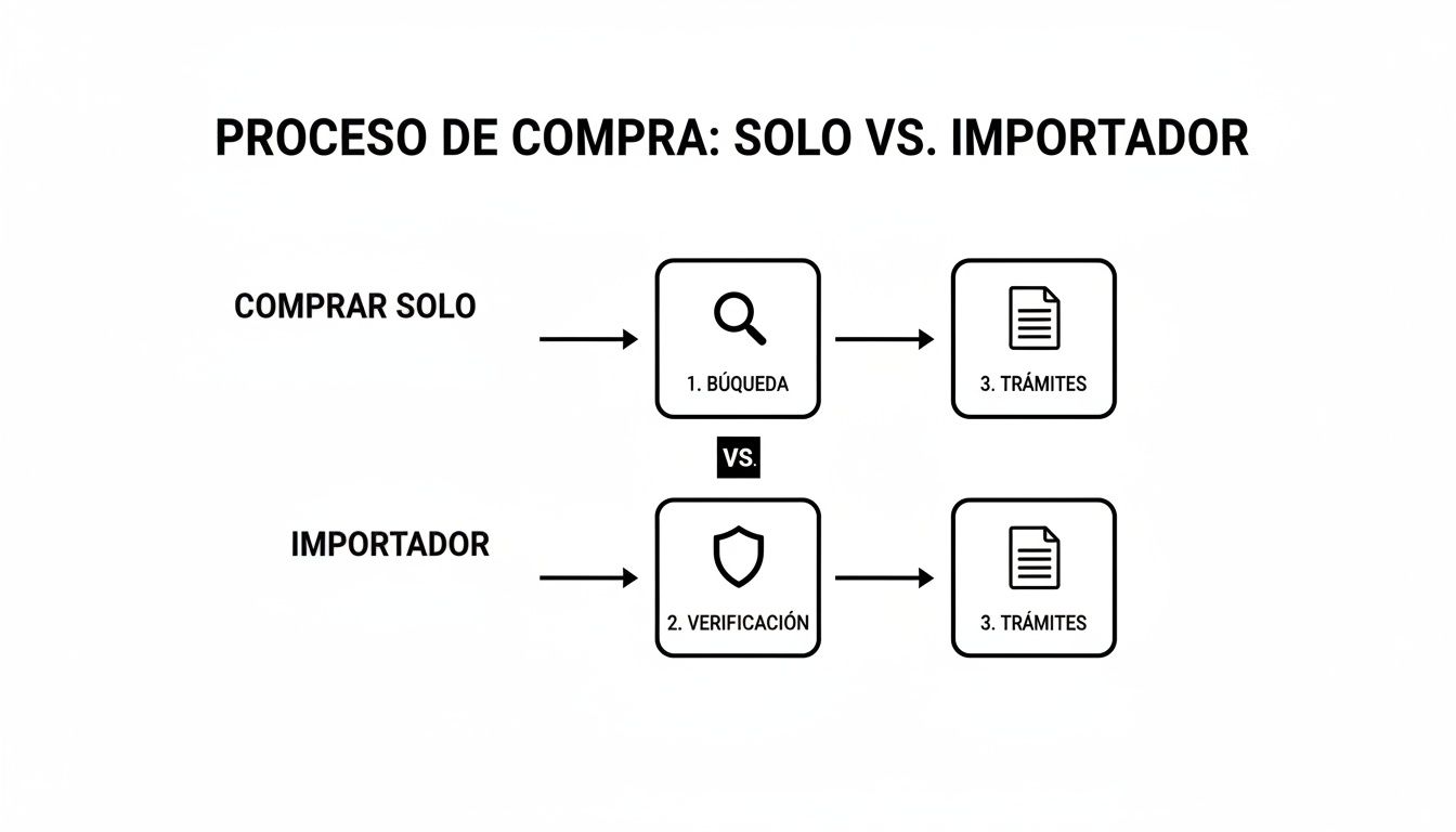 Diagrama comparando el proceso de compra de un vehículo: solo (búsqueda y trámites) versus con importador (verificación y trámites).