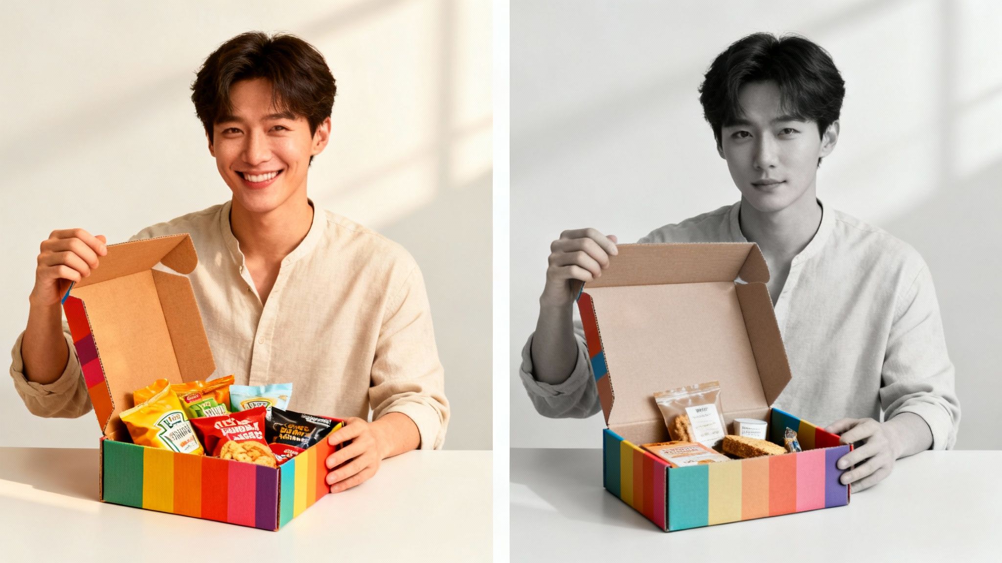 Joven sonriente abre una caja de degustación con diseño de arcoíris, llena de snacks, en color y blanco y negro.