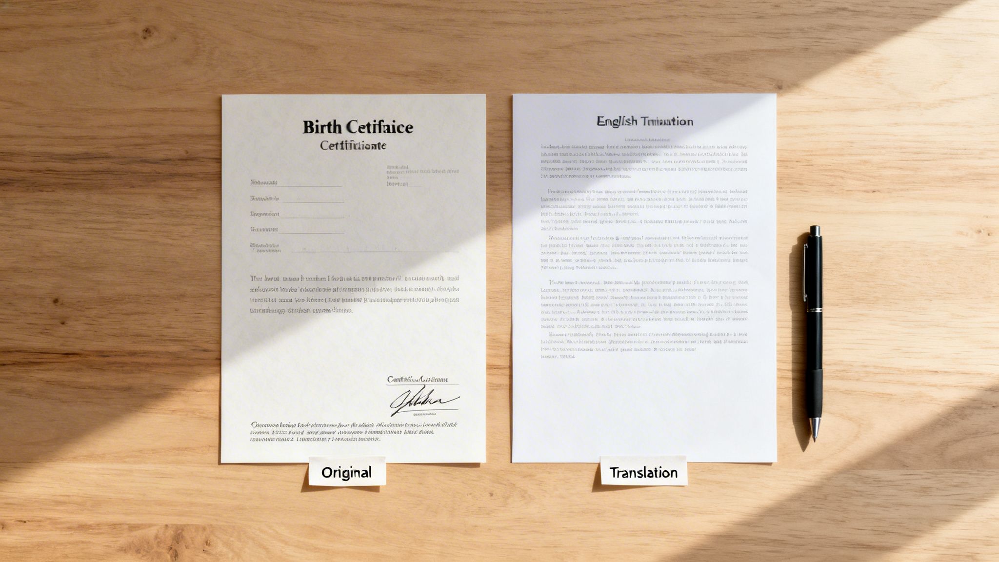 An original birth certificate and its certified English translation lying on a wooden desk.