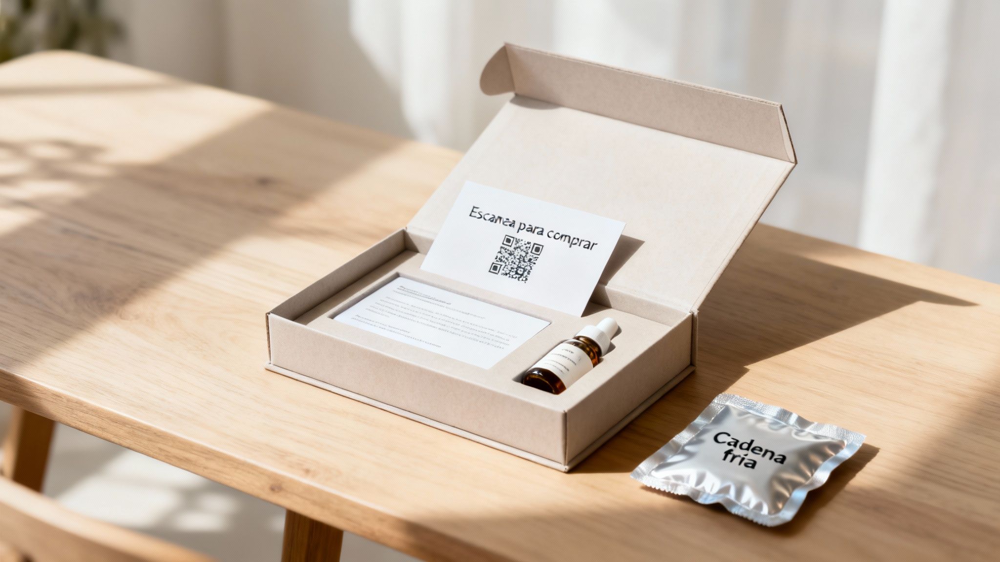Caja abierta con un producto en botella, código QR para comprar y paquete de "Cadena fría" en mesa de madera.