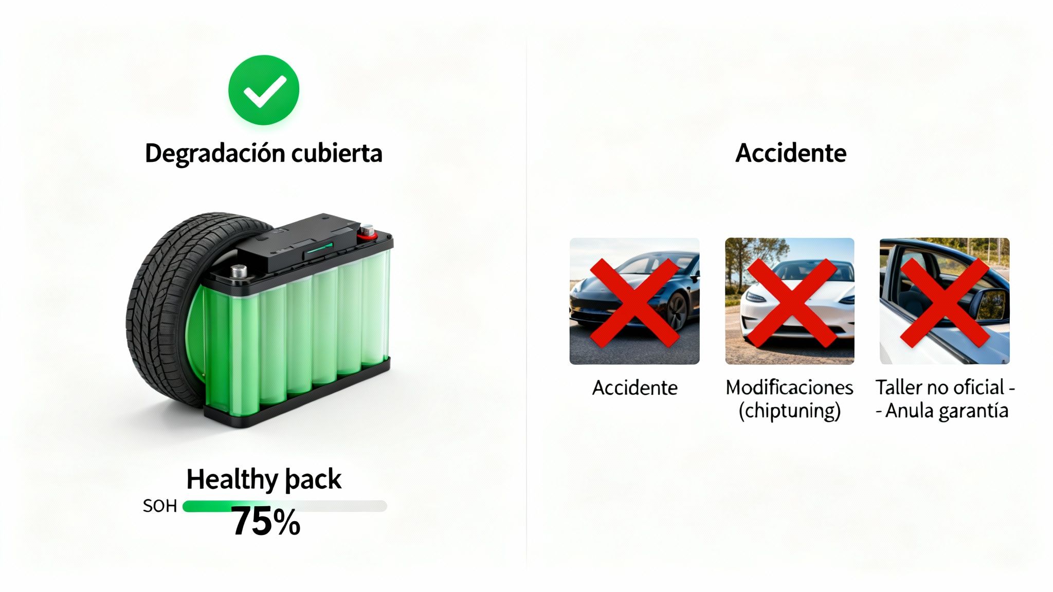 Ilustración de la garantía de baterías de coche: cubre la degradación hasta el 75%, excluye accidentes, modificaciones y talleres no oficiales.
