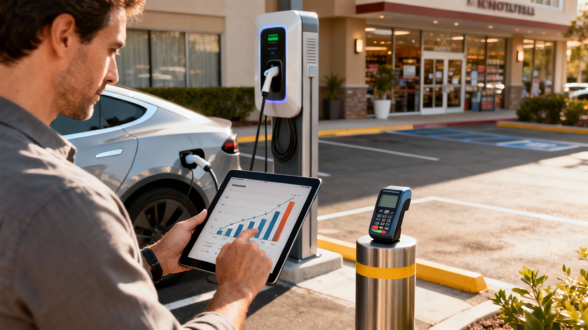 Hombre monitoreando la carga de su vehículo eléctrico con una tablet, junto a una estación de carga.