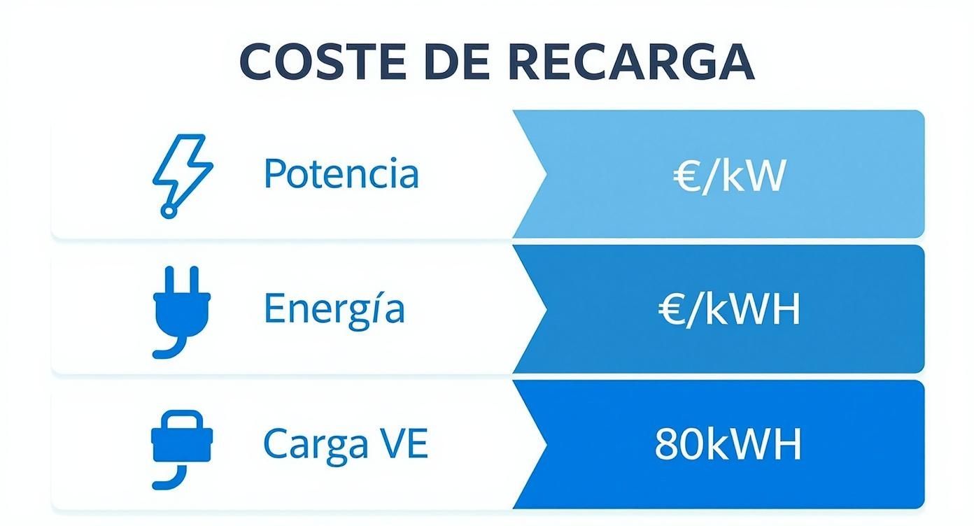 Coste de recarga de un vehículo eléctrico, mostrando potencia, energía y capacidad de carga.