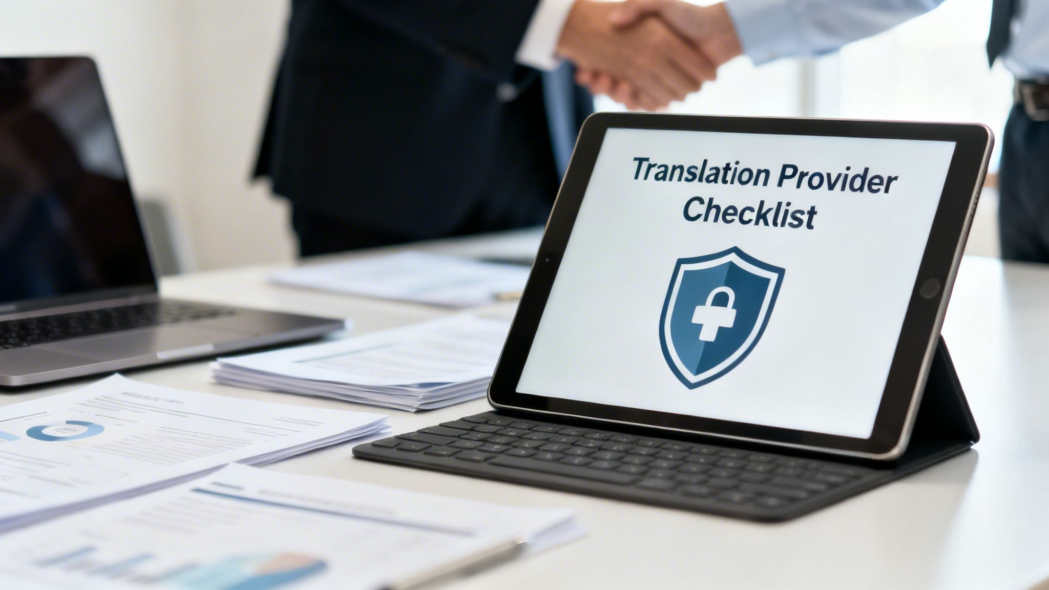 Tablet shows 'Translation Provider Checklist' and security icon, with a business handshake in background.