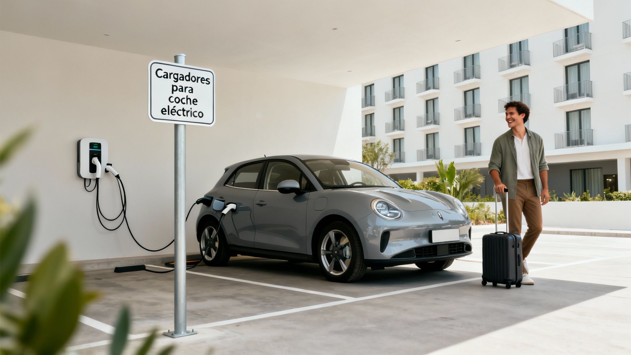 Hombre sonriente con maleta caminando junto a un coche eléctrico gris cargando en un punto de recarga.