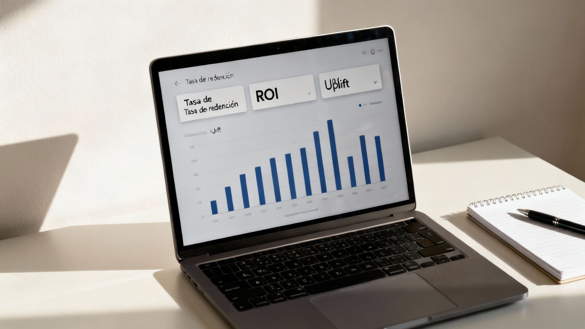 Laptop mostrando un gráfico de barras con datos de tasa de redención y ROI, junto a un cuaderno y bolígrafo.