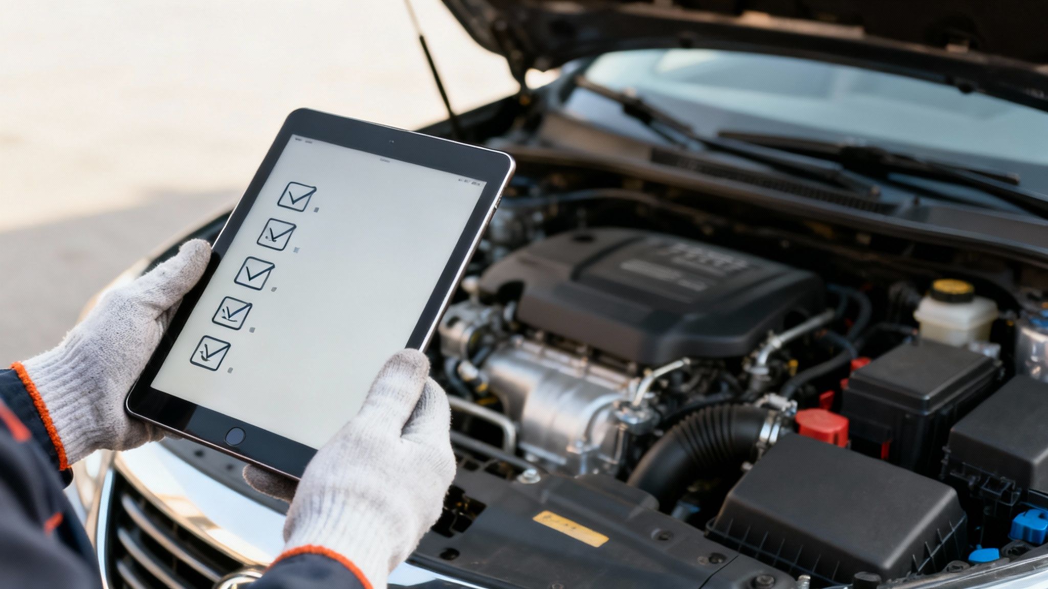 Un técnico con guantes revisa una lista de verificación digital en una tableta, con el motor de un coche abierto al fondo.
