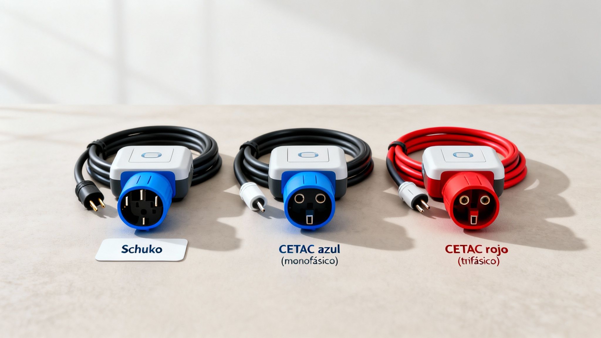 Cables de carga portátiles para coches eléctricos: Schuko, CETAC azul (monofásico) y CETAC rojo (trifásico).