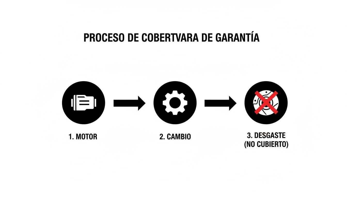 Diagrama que muestra el proceso de cobertura de garantía para motor, cambio y desgaste no cubierto.