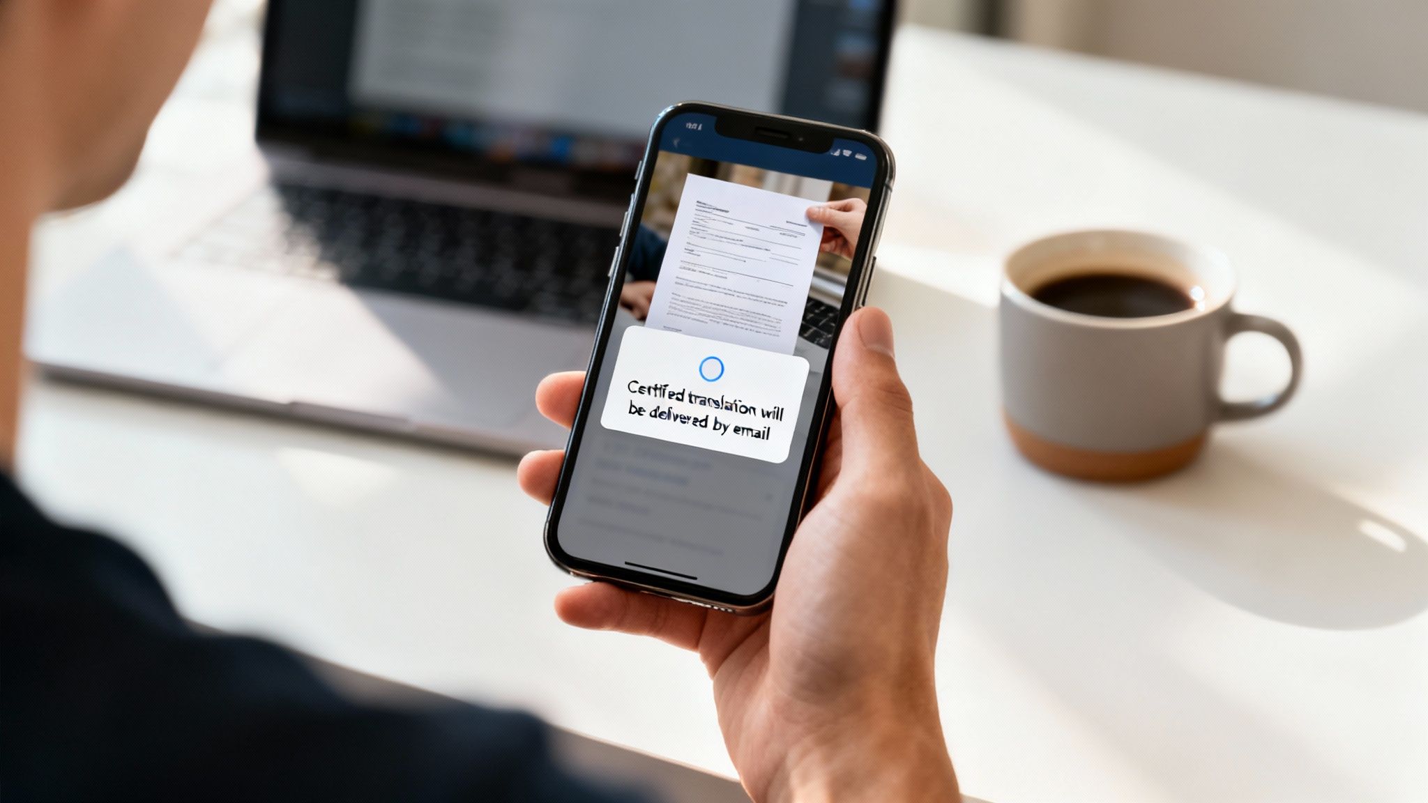 A person holds a smartphone displaying a mobile app for certified document translation, with a success message.