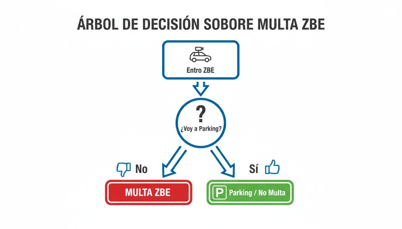 Diagrama de decisión sobre multa ZBE. Entrar ZBE: ¿Voy a parking? No, multa; Sí, sin multa.