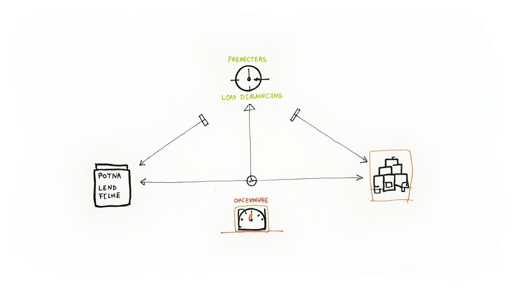 Diagrama dibujado a mano que ilustra un sistema con elementos como un tarro, cajas apiladas, medidores y un reloj.
