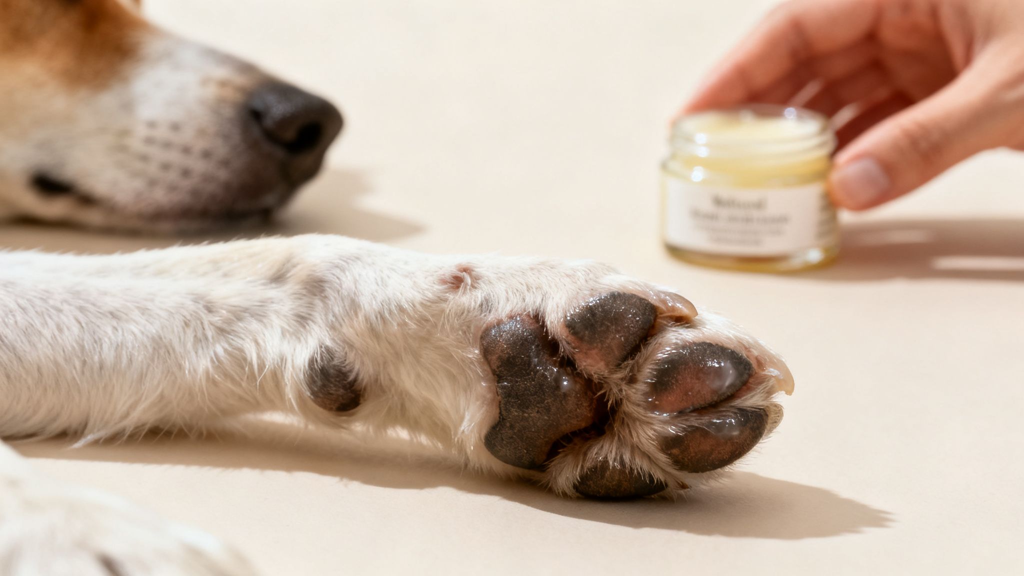Una mano humana aplica bálsamo hidratante en la pata de un perro para aliviar su piel.