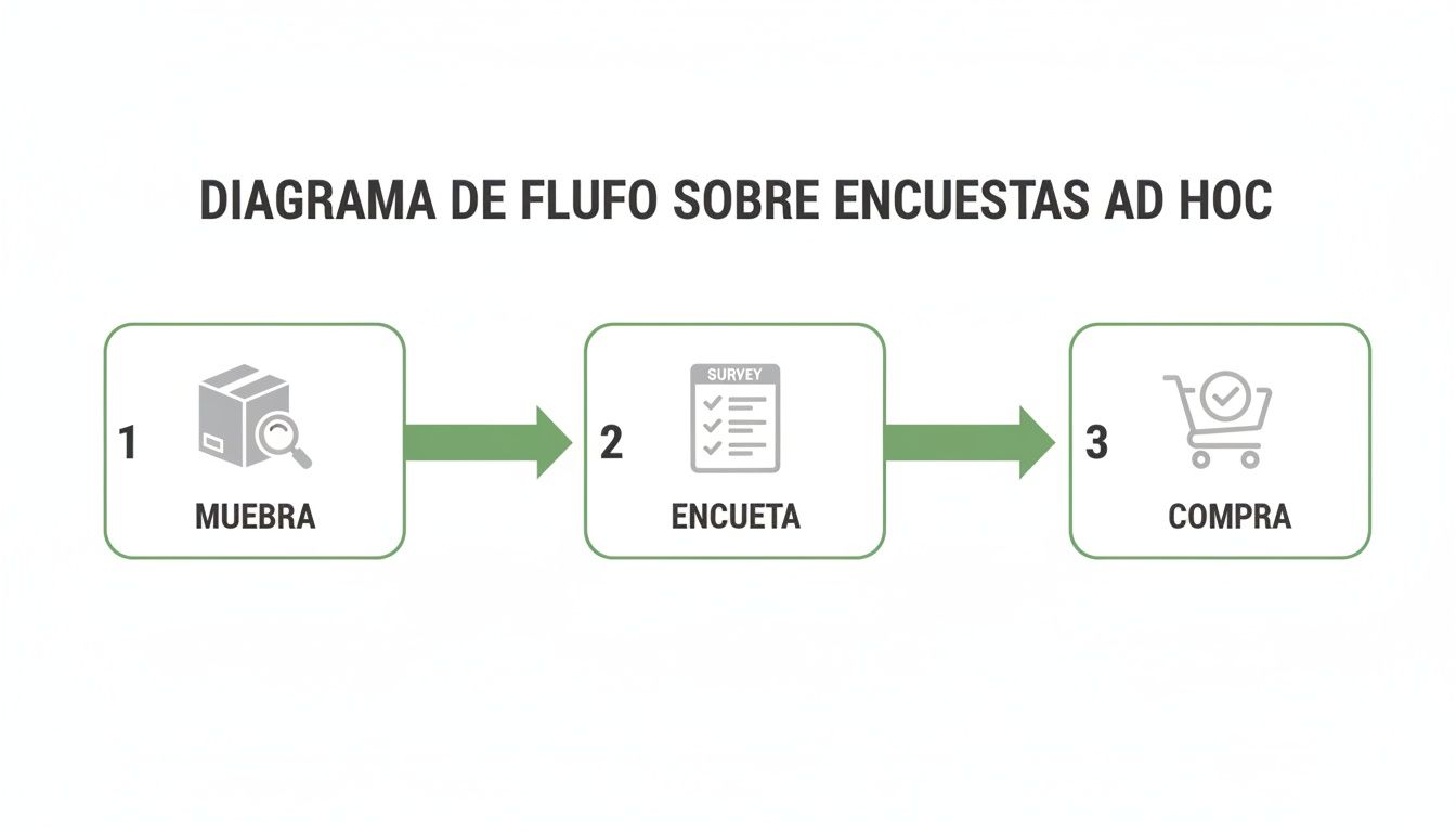 Diagrama de flujo que ilustra el proceso de encuestas ad hoc: muestra, encuesta y compra.