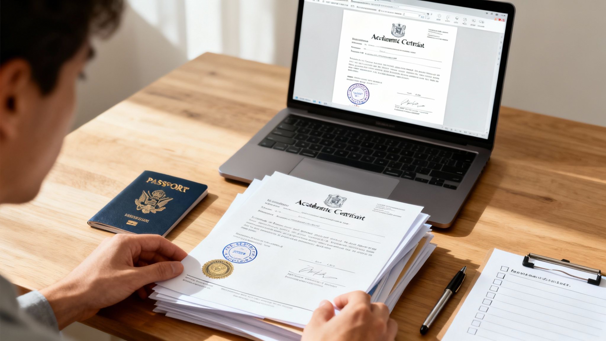 A person reviews academic contracts and a US passport on a wooden desk with a laptop.
