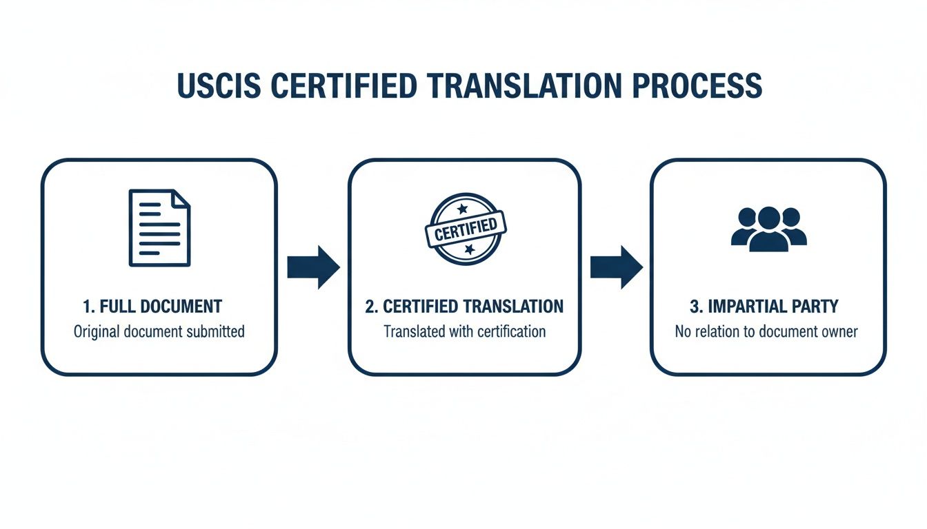 A three-step flowchart showing the USCIS certified translation process for official documents.