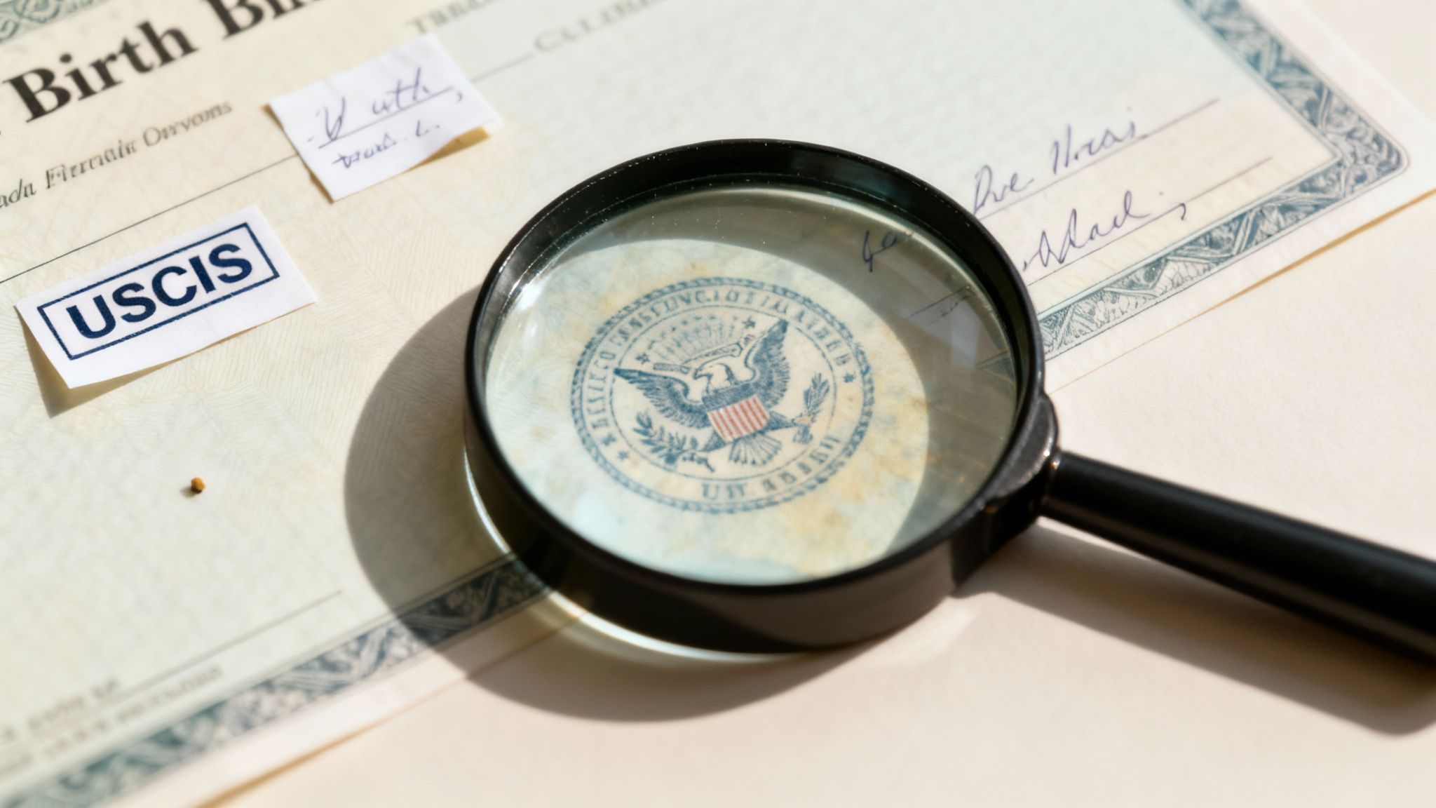A magnifying glass inspecting a birth certificate with a USCIS label and official seal.