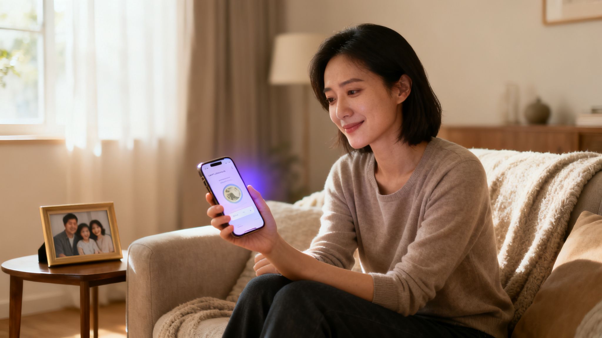 Una mujer sonríe mientras usa su smartphone en el sofá, gestionando una aplicación móvil bancaria.