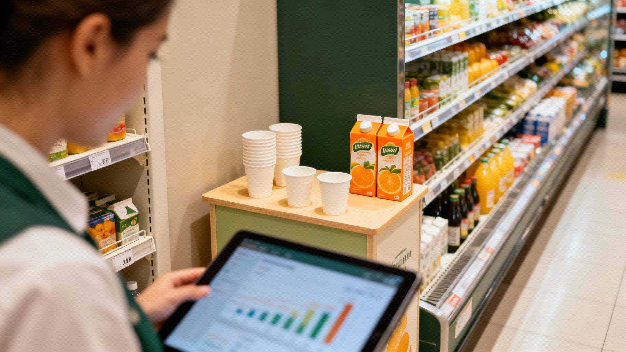 Una mujer en un supermercado revisa una tableta junto a un expositor de zumo de naranja con vasos.