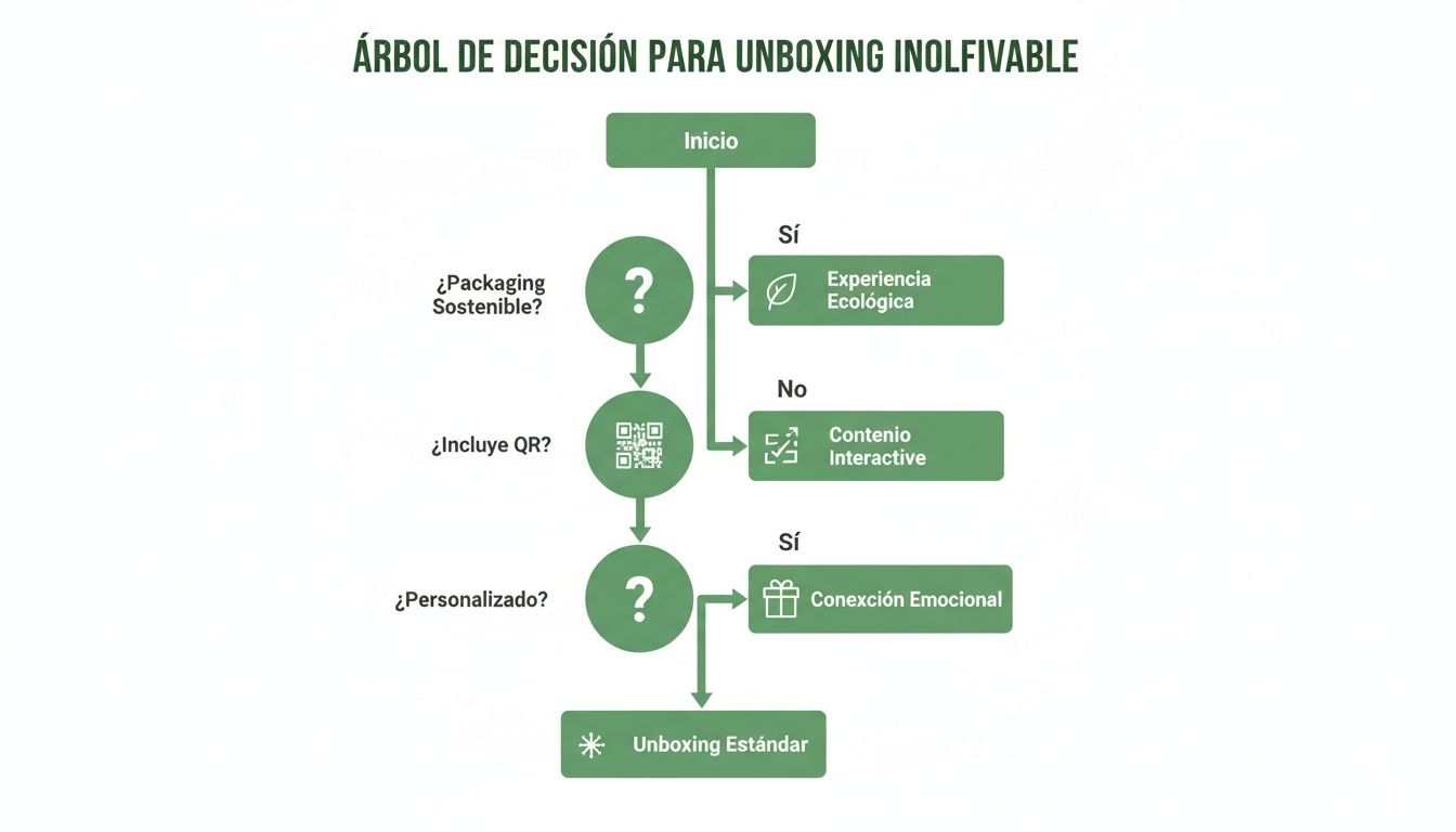 Diagrama de flujo para un unboxing inolvidable, mostrando decisiones sobre packaging sostenible, código QR y personalización.